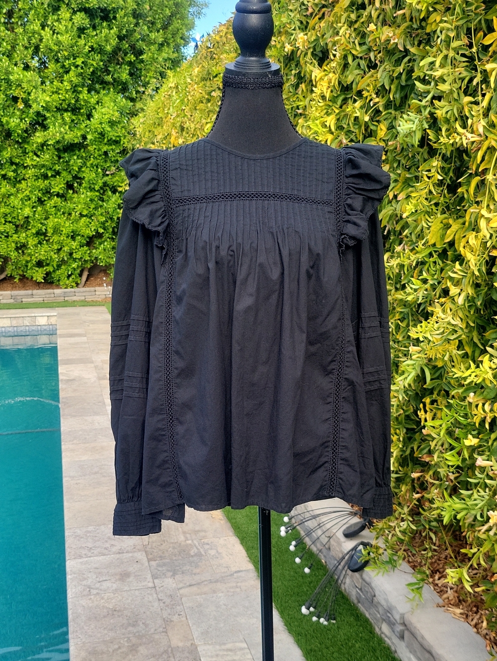 Madewell Black Pin Tuck Ruffle Long Blousy Sleeve Peasant Top M